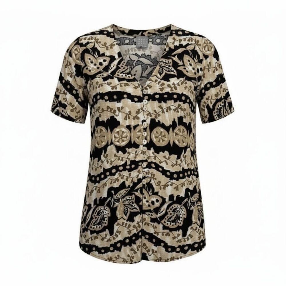 Rabbit Rabbit Rabbit Tropical‎ Print Blouse Shell Buttons Black Tan Size 12 - Picture 2 of 12